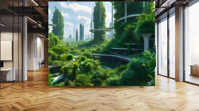 Harmony of Nature and Technology in a Lush Green and Futuristic Cityscape with Digital Elements Wall mural