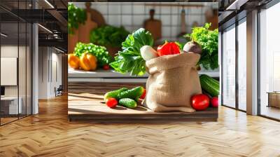 Harvest bounty of fresh vegetables in a burlap sack on a rustic wooden table bathed in sunlight in a cozy kitchen Wall mural