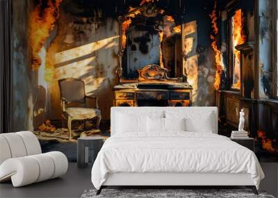 Haunting remnants of a once-grand room consumed by fire, showcasing burnt furniture and shadows that tell a story of destruction and lost elegance. Wall mural