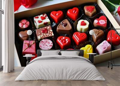 Heart-shaped chocolate box filled with delicious treats for romantic celebrations and special moments Wall mural