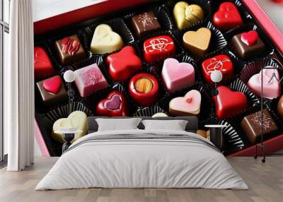 Heart-shaped chocolate box filled with delicious treats for romantic celebrations and special moments Wall mural