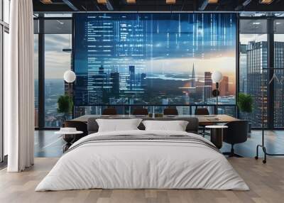 High-tech business meeting in modern office with digital data display and stunning cityscape backdrop Wall mural