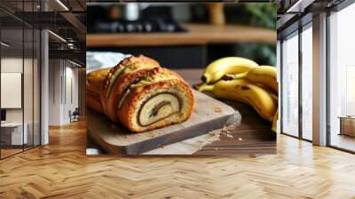 Homemade banana bread roll beautifully displayed on a kitchen table Wall mural