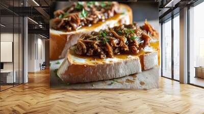 Homemade French rillettes of pork on crusty baguette, artfully spread with a knife for a delightful culinary experience Wall mural