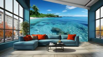 Idyllic tropical beach scene with tranquil blue waters, evoking peace and relaxation in a serene ocean paradise Wall mural