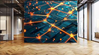 Illuminated Abstract Digital Network of Glowing Lines and Nodes Wall mural