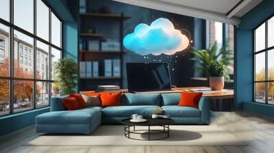 Illuminated cloud symbolizing data storage and connectivity floating above a sleek modern office desk Wall mural