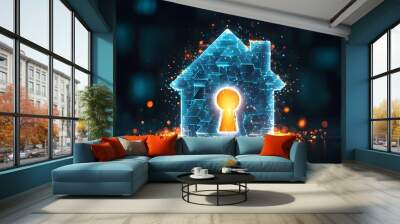 Illuminated house icon featuring keyhole representing online security and digital protection amidst a dark abstract backdrop with glowing particles Wall mural