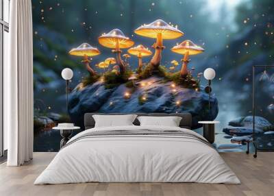 Illuminated mushroom patterns on levitating stones guiding the way through a mystical advanced civilization Wall mural