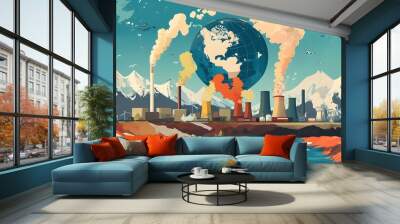 Impactful poster illustrating climate change effects and pollutions consequences on the planet Wall mural