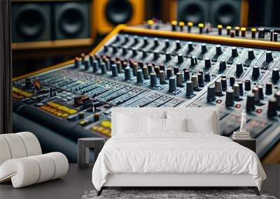 In-depth perspective of a sound mixing console featuring faders and buttons in a professional studio setting Wall mural