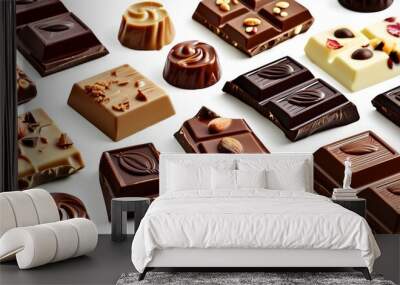 Indulgent display of tempting chocolate bars showcasing rich textures against a pristine white backdrop Wall mural