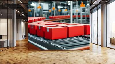 Industrial conveyor belt transporting red boxes for efficient packaging and logistics solutions in a factory environment Wall mural