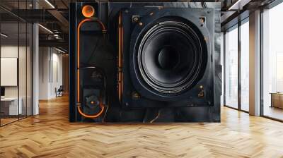 Industrial Iron Speaker Against a Black Abstract Texture with Hexagonal Light Grills Wall mural