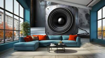 Industrial Iron Speaker Against a Black Abstract Texture with Hexagonal Light Grills Wall mural