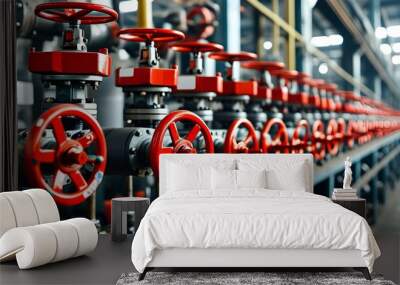 Industrial machinery featuring red valve handles and labels in a factory environment Wall mural