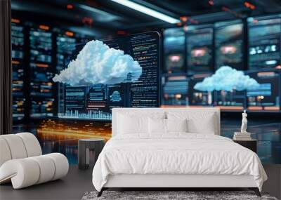 Innovative Cloud Computing Device Interacting with Holographic Data Displays Featuring Cutting-Edge Applications Wall mural