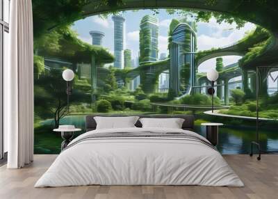 Innovative smart city design integrating green technologies and sustainable infrastructure with a focus on harmony between nature and urban living Wall mural