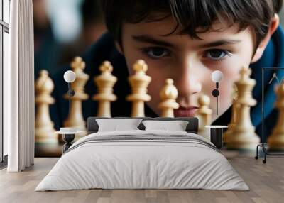 Intense Chess Gameplay: Focused Boy Analyzing Strategy Wall mural