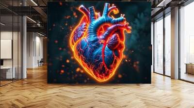 Intense glowing anatomical heart with fiery veins against a dark background, embodying mystery and passion Wall mural