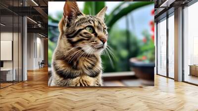 Intimate view of a tabby cat lounging on patio decking, capturing its playful gaze and vibrant fur textures Wall mural