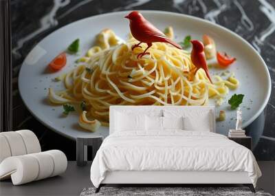 Intricate 3D Printed Pasta Creations Showcasing Culinary Innovation in Birdseye Perspective Wall mural