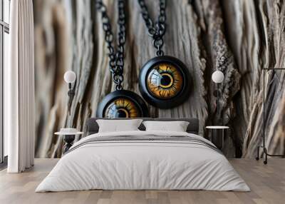 Intricate black and gold eye pendant on a black chain, beautifully contrasting with a rustic wooden backdrop Wall mural