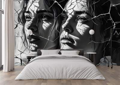 Intricate Crosshatch Shading of Two Female Faces with Expressions Revealed by Cracks Wall mural