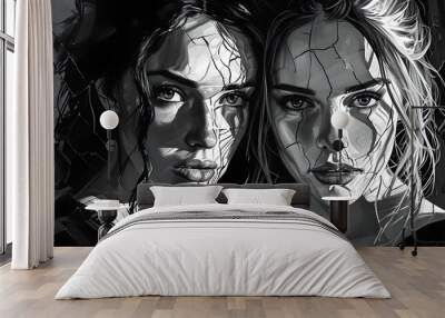 Intricate Crosshatch Shading of Two Female Faces with Expressions Revealed by Cracks Wall mural