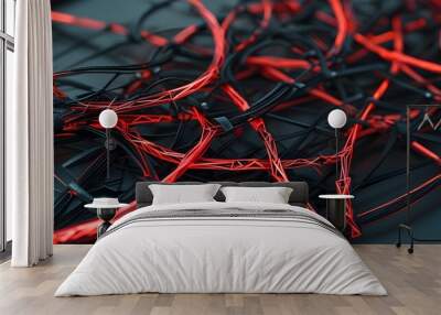 Intricate Cyber Geometric Design of Glowing Red Metallic Threads on a Dark Background Wall mural