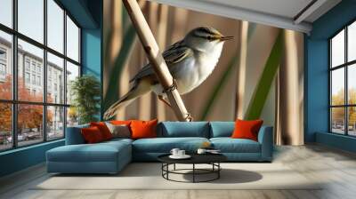 Intricate details of a reed warbler perched gracefully on a reed stalk Wall mural