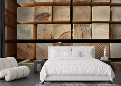 Intricate details of stacked wooden blocks highlighting natural grain and texture Wall mural