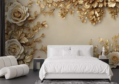 Intricate golden floral design featuring detailed leaves and roses on a smooth beige backdrop for elegant decoration Wall mural