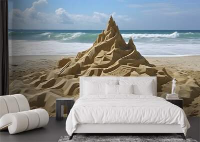 Intricate sand sculptures adorning the beach under a clear blue sky Wall mural