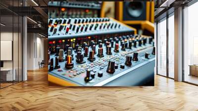 Intricate sound mixing console showcasing faders and buttons in a professional studio setting Wall mural