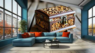 Intricately Carved Floral Wooden Box with Brass Lock on Rustic Surface Wall mural