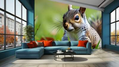 Intrigued gray squirrel explores a lush green grass field Wall mural