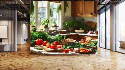 Inviting sunlit kitchen counter brimming with fresh herbs, vibrant vegetables, and legumes, inspiring healthy and delicious home-cooked meals. Wall mural