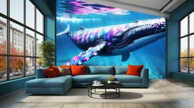 Iridescent-skinned whale gracefully swims through enchanting, mystical waters Wall mural