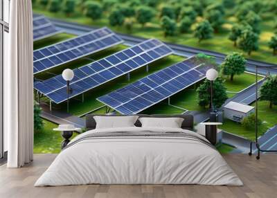 Isometric View of Lithium-Ion Battery, Solar Cells, and Power Pack in a Modern Solar Plant Energy Setup Wall mural