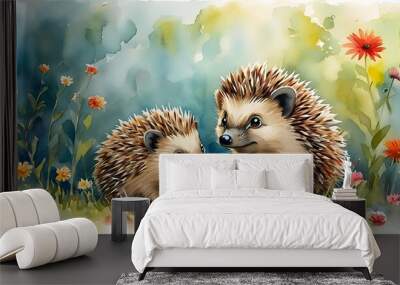 Joyful Baby Hedgehog Amidst Blooming Flowers in Watercolor for Whimsical Home Decor Wall mural