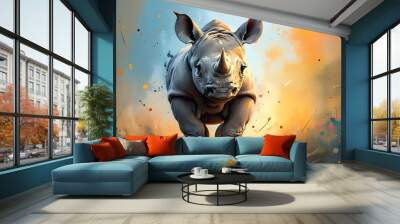 Joyful baby rhino surrounded by vibrant color splashes in a whimsical painting style illustration Wall mural