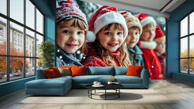 Joyful children in Santa hats celebrate the holiday spirit against a snowy backdrop, embodying festivity and happiness Wall mural