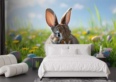 Joyful Easter Bunnies Frolicking in a Lush Springtime Meadow Wall mural