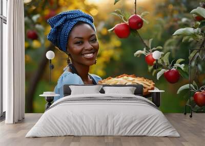 Joyful garden scene featuring African American woman proudly presenting her homemade apple pie, celebrating baking and the delights of nature. Wall mural