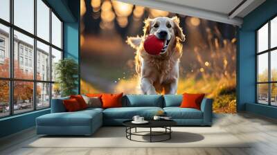 Joyful Golden Retriever exuberantly sprinting with a red ball in mouth Wall mural