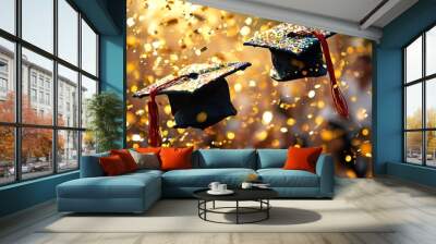 Joyful graduation celebration with tossed caps and golden confetti capturing the essence of achievement and success Wall mural