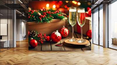 Joyful Holiday Cheer with Sparkling Wine and Colorful Gifts Amidst Red Ornaments Wall mural