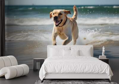 Joyful Labrador running along the beach, embracing the freedom and excitement of the ocean breeze Wall mural