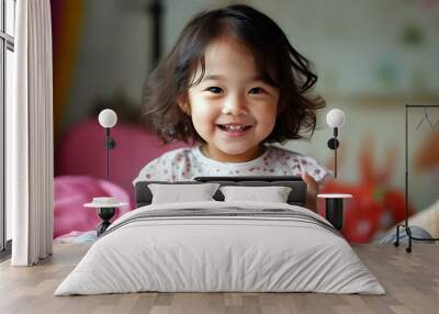 Joyful moments of a young girl enjoying playful adventures with a smartphone Wall mural